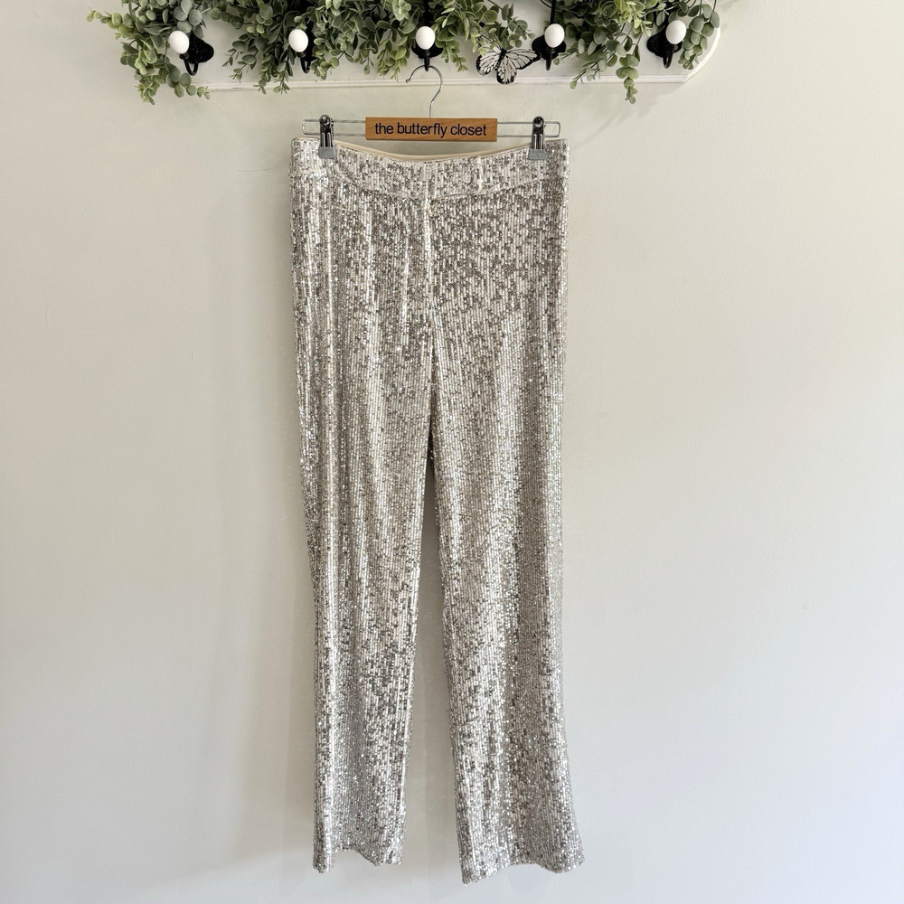 NEW Loft Champagne Silver Fully Sequined Wide Leg Pants Size 4 Party Wedding DG